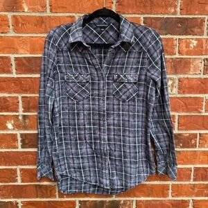 Rock & Republic Womens Small Burn Out Washout Studded Plaid Button Down Shirt